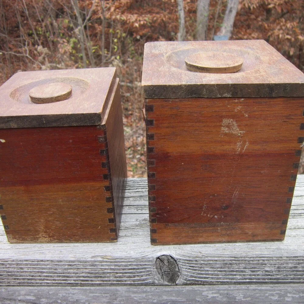 MCM Wood Kitchen Canisters Vintage Hand Carved Hardwood Japan CI Star Nesting